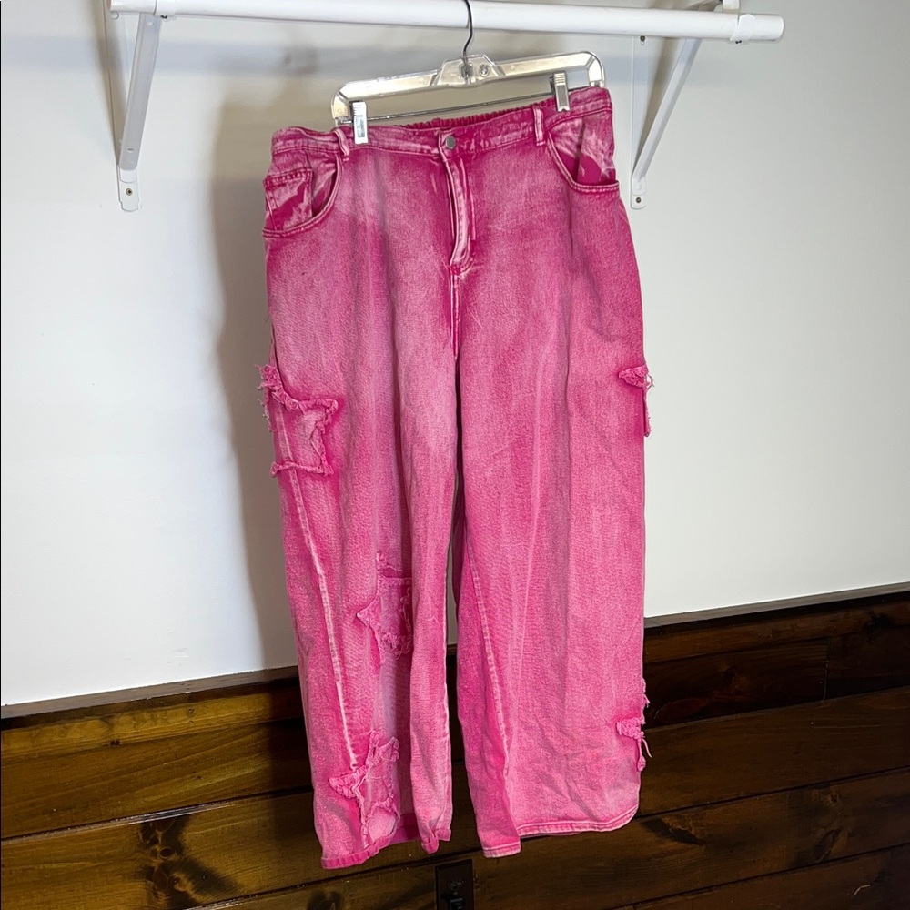 SHEIN Hot Pink High Waisted Wide Leg Star Jeans w/ Elastic Waist- 2XL